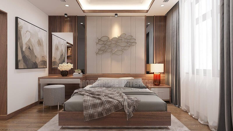 Bạn là người thích cảm giác mộc mạc từ gỗ đặc biệt lại từ loại gỗ óc chó loại gỗ thượng hạng vân 3D màu sắc sang trọng với chi phí vừa phải có thể là lựa chọn đáng chú ý trong ý tưởng bố trí nội thất phòng ngủ nam tính này. Mẫu nội thất biệt thự đẹp