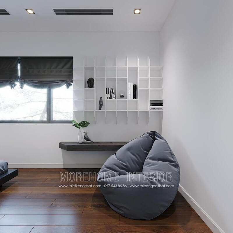 Kệ trang trí mở sơn trắng tạo nét đẹp độc đáo cho phòng ngủ hiện đại. Mẫu nội thất biệt thự đẹp