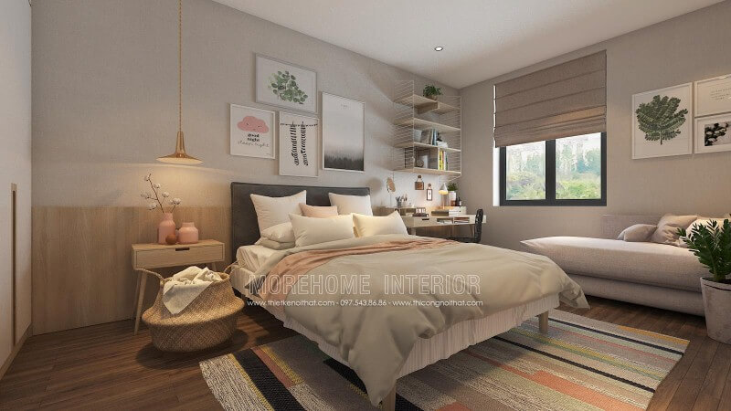 Bố trí phòng ngủ ấn tượng với cách trang trí độc đáo từ những mảng lớn đơn sắc kết hợp cùng họa tiết điểm nhấn tạo nên nét đẹp sinh động, trẻ trung cho không gian. Mẫu nội thất biệt thự đẹp