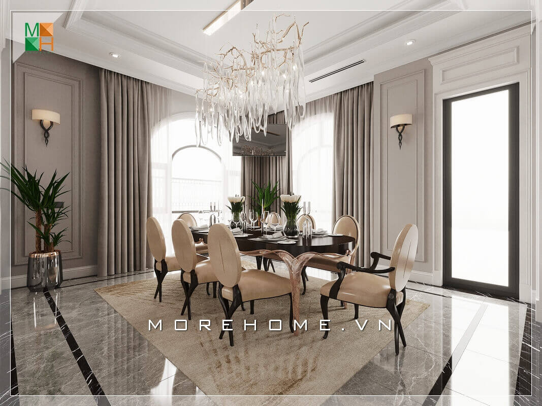 Mẫu thiết kế nội thất phòng ăn mang phong cách tân cổ điển sang trọng, đẳng cấp cho biệt thự. Mẫu nội thất biệt thự đẹp