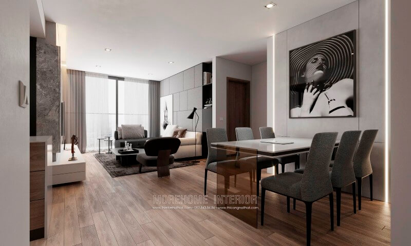 Nội thất chung cư hiện đại được thiết kế đơn giản tông màu xám, tường sử dụng màu xám trắng kết hợp vật liệu gỗ tạo không gian sang trọng, thoáng đãng và tiện nghi hơn Mẫu nội thất chung cư hiện đại đẹp