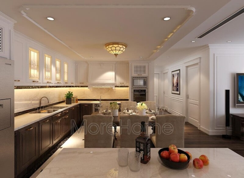 Với lối thiết kế tận dụng mọi góc chết, nội thất phòng bếp chung cư trông rộng và thoáng hơn. Thiết kế nội thất phòng bếp