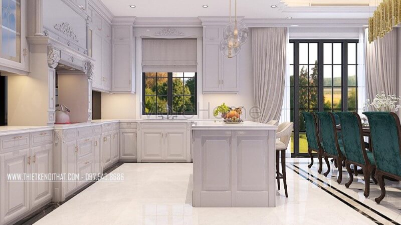Trang trí nội thất phòng bếp gỗ tự nhiên phun sơn ấn tượng với tone màu trắng tinh khôi, không hề mang đến cảm giác nhàm chán mà thay vào đó là sự sang trọng và hào nhoáng Thiết kế nội thất phòng bếp