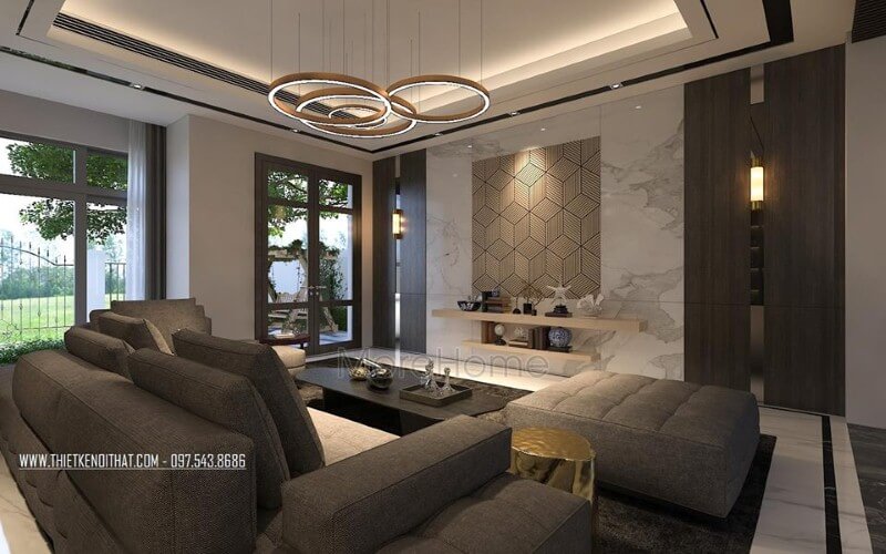 Thiết kế không gian phòng khách rộng, hiện đại ấn tượng với ý tưởng sử dụng gam màu đối lập từ xám trắng cùng đồ nội thất cao cấp. Mẫu nội thất biệt thự đẹp