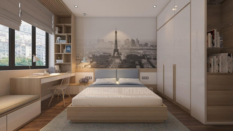 Tranh dán tường đen trắng cao cấp ấn tượng với địa danh tháp Effel nổi tiếng, lựa chọn ấn tượng cho tâm điểm phòng ngủ hiện đại. Thiết kế phòng ngủ nhà phố