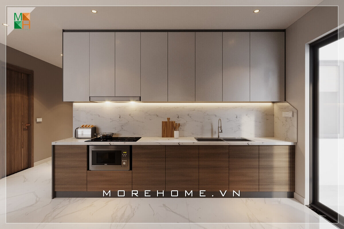 Mẫu thiết kế hệ tủ bếp chữ I bằng gỗ công nghiệp nhiều ngăn, giúp lưu trữ và tìm kiếm đồ thực phẩm một cách dễ dàng khoa học, phù hợp chung cư, nhà phố, biệt thự hiện đại Thiết kế tủ bếp chung cư