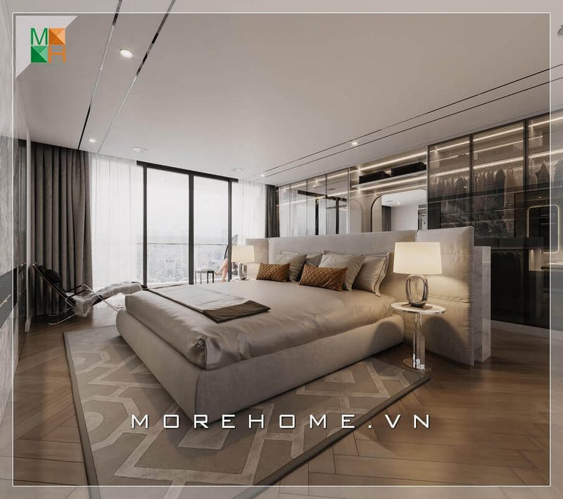 Chiêm ngưỡng mẫu thiết kế phòng ngủ chung cư, nhà phố, biệt thự hiện đại, nội thất sang trọng. Lối thiết kế thông thoáng đón ánh sáng tự nhiên qua cửa kính lùa rộng lớn.