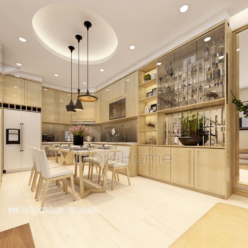 Mẫu bàn ghế ăn gỗ tự nhiên, màu nâu sáng với ghế ăn bọc sofa da đẹpcao cấp tạo không gian ấm cúng cho gia chủ