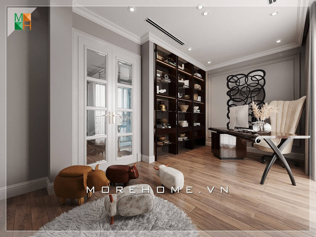 Kệ, tủ trang trí gỗ tự nhiên màu nâu đen thiết kế âm tường tinh tế và sáng tạo, phù hợp với không gian góc làm việc.