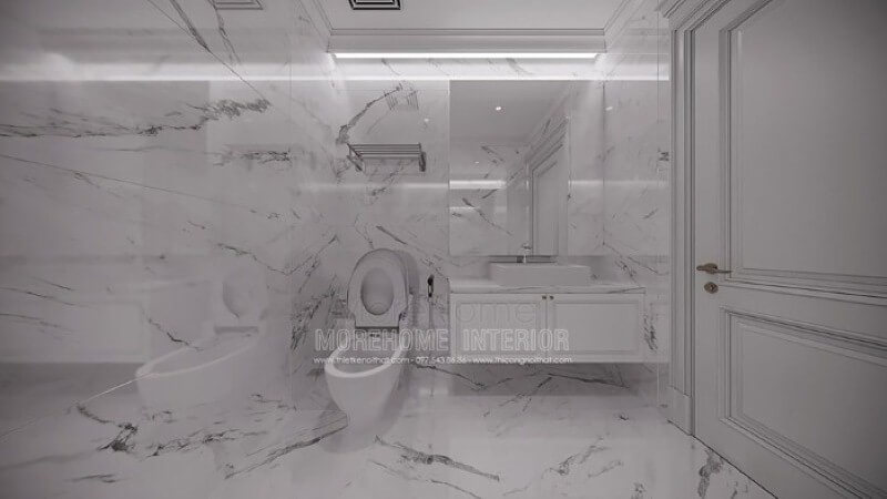 Sắp xếp phòng vệ sinh nhỏ đẹp ấn tượng với đá lát nền, ốp tường đồng bộ tạo nên sự độc đáo, mới lạ cho không gian.