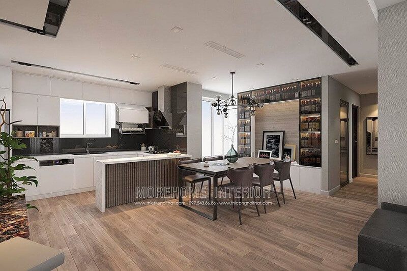 Thiết kế nội thất phòng bếp đẹp với hệ tủ bếp acrylic thông minh cùng bộ bàn ăn gỗ cao cấp cho căn hộ chung cư thêm sang trọng, đẳng cấp