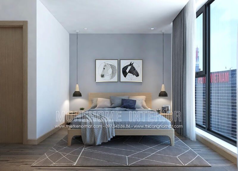 Giường ngủ chung cư gỗ công nghiệp nhẹ nhàng, tone màu sáng chủ đạo, phần cửa hướng ra ban công được thiết kế với diện tích lớn...tất cả được kết hợp một cách hài hòa tạo nên không gian phòng ngủ sang trọng và năng động