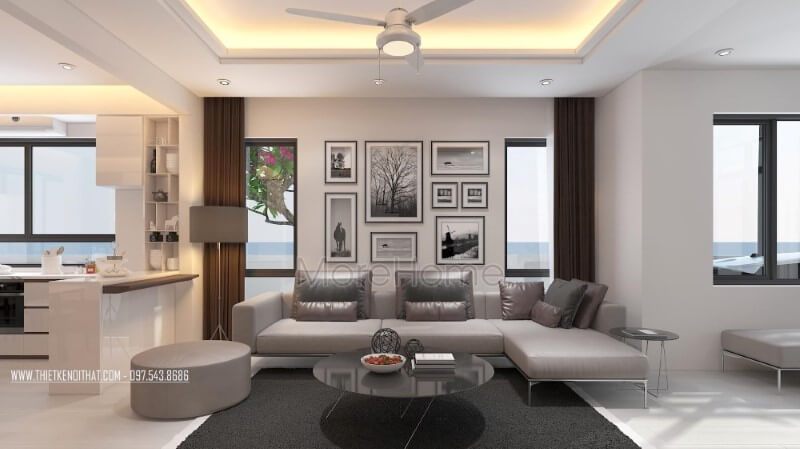 Tranh trang trí treo tường 6 ảnh đen trắng tạo nét độc đáo cho phòng khách hiện đại.