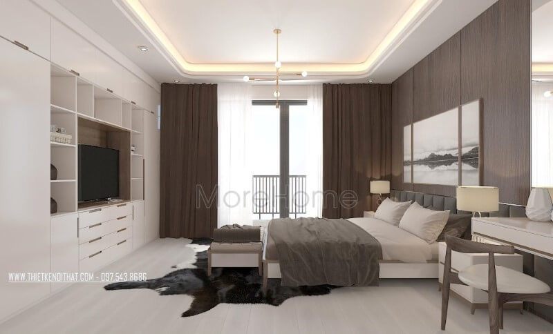 Thiết kế nội thất phòng ngủ master hiện đại đẹp và thông thoáng với cửa kính chiếm trọn mảng tường để bạn có thể tận hưởng cảm giác tuyệt vời từ thiên nhiên.