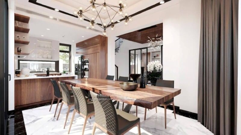 Sẽ là một gợi ý độc đáo với sự hiện hữu tủ bếp gỗ óc chó veneer nâu trầm kết hợp gam màu trắng sáng, long lanh từ tủ bếp trên gỗ công nghiệp An Cường acrylic và mặt bàn bếp đá nhân tạo LG. Sự tương phản giữa 2 sắc màu sẽ là ý tưởng tuyệt vời cho bố trí nội thất phòng bếp hiện đại cho không gian nhà phố, biệt thự.