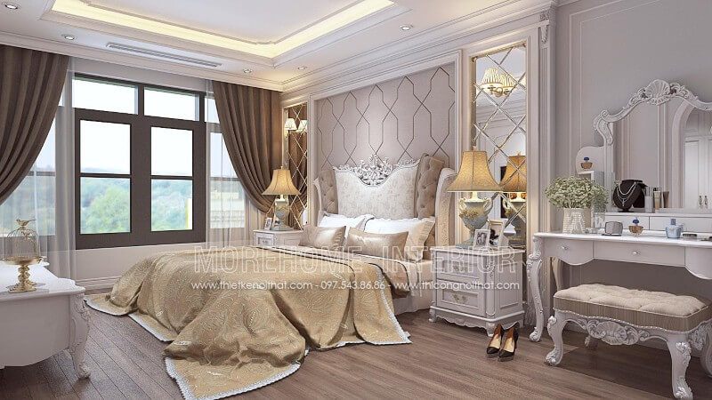 Mẫu giường ngủ gỗ sồi phun sơn trắng cao cấp, phần đầu giường kết hợp bọc nỉ nhung lạ mắt. Đây được coi là một trong những mẫu giường đẹp thuộc bộ sưu tập giường ngủ