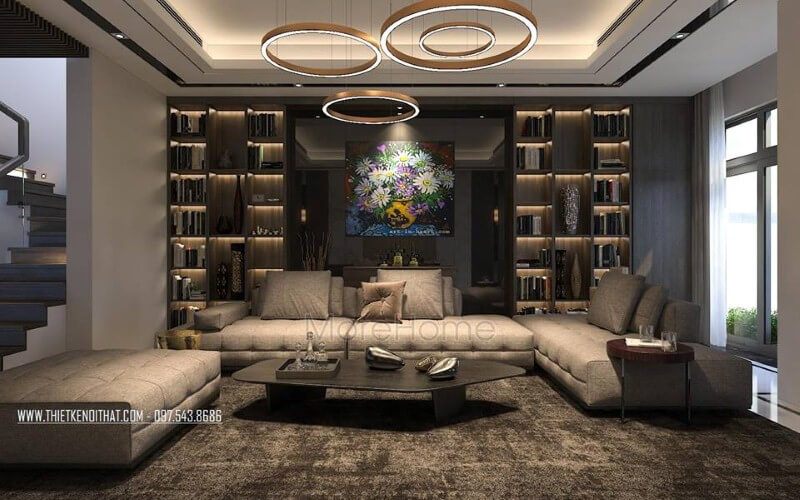 Trang trí nội thất phòng khách hiện đại, đẹp với bộ bàn ghế sofa lớn, kệ ốp tường, tranh treo tường.