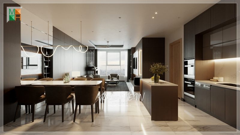 Đảo bếp gỗ tự nhiên mặt đá trắng hiện đại trang trí tô điểm cho không gian và hỗ trợ sử dụng cho các người nội trợ trong quá trình sử dụng.