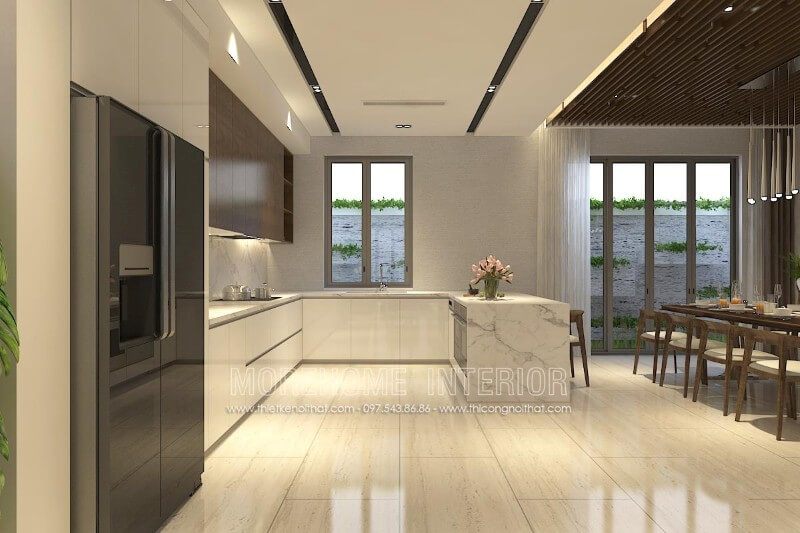 Thiết kế nội thất phòng bếp hiện đại tiện nghi với mẫu tủ bếp gỗ công nghiệp nhiều ngăn, hộc tủ đa dạng tạo nên không gian lưu trữ vật dụng nhà bếp luôn gọn gàng, ngăn nắp