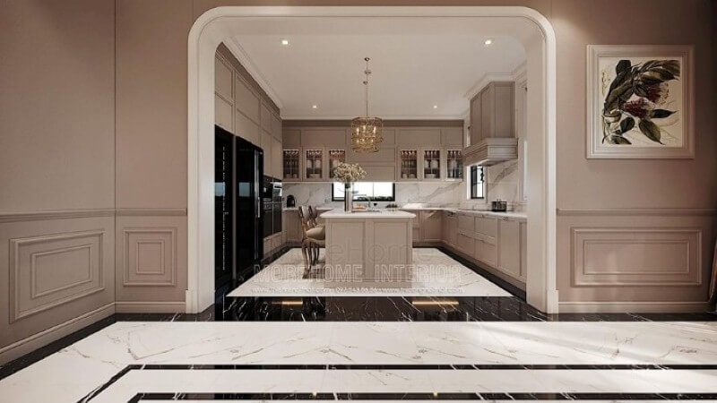 Sắp xếp nội thất phòng bếp chữ U phong cách đương đại đẹp, sang trọng tại biệt thự cao cấp Hải Phòng.