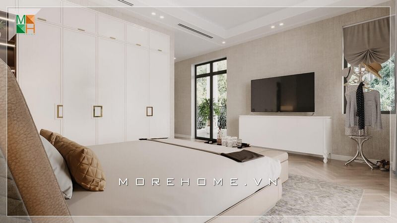 Mẫu thiết kế kệ tivi kiểu dáng tân cổ điển bằng gỗ tự nhiên phun sơn trắng cao cấp