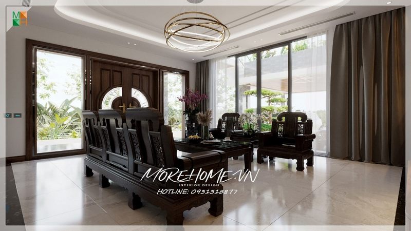 Cửa chính 2 cánh được làm từ gỗ tự nhiên, có thiết kế hiện đại và sang trọng, cung cấp sự thoải mái và tiện nghi.