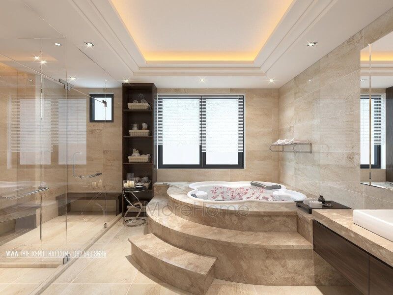 Điểm nhấn cho phòng tắm là bồn tắm sâu được thiết kế dạng bậc ốp đá tự nhiên cao cấp tạo sự sang trọng và đẳng cấp